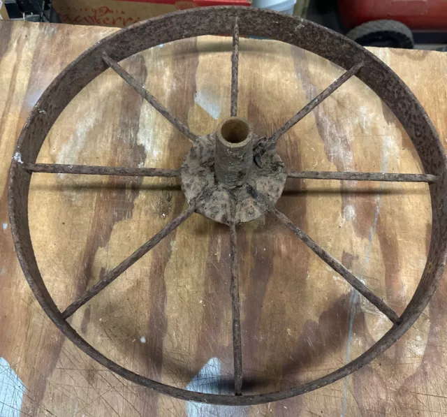 Antique 15" Solid Metal Iron Wagon Wheel 8 Spoke Hub Wheelbarrow Cart Wagon