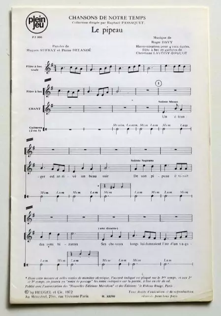 Partition vintage sheet music HUGUES AUFRAY : Le Pipeau * 60's Flûte Guitare