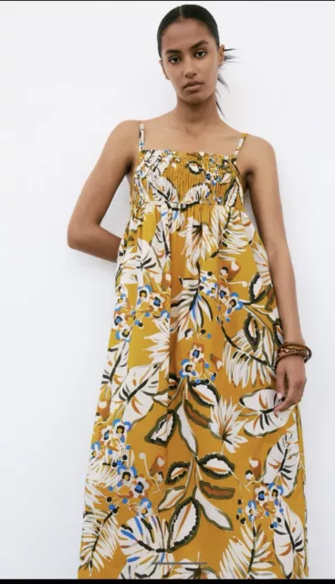 Zara Beautiful Front Shirred Floral Midi Sun Dress. New - Size Large 12