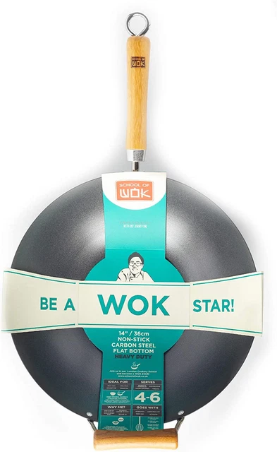 School of Wok - 14"/36 cm antiadherente acero al carbono wok de alta resistencia, parte inferior plana,