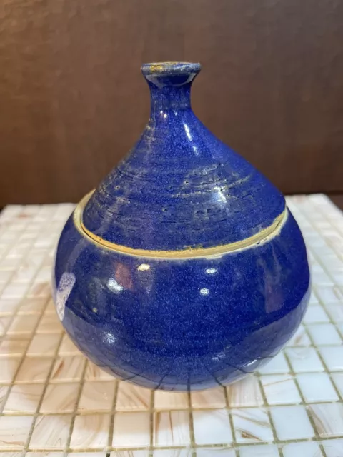 Studio Art Pottery Honey Pot With Lid Signed Blue Handcrafted 5.5"x5" Beautiful 2