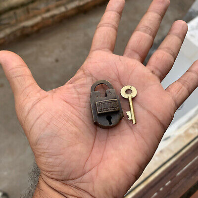 OLD OR ANTIQUE BRASS PADLOCK OR LOCK WITH KEY, MINIATURE, Rich Patina Rare Shape