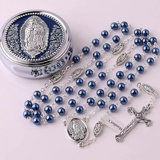 Lady of Guadalupe Rosary Necklace 6mm Glass Pearl Beads Catholic-Metal Gift Box