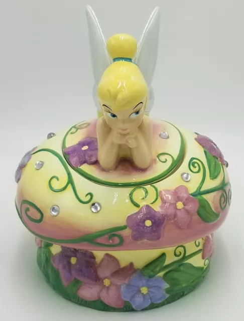 Disney Direct Tinkerbell Mushroom Cookie Jar W/ Pink Jewels Flowers