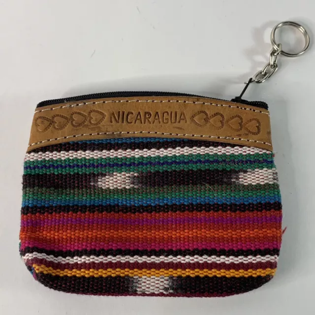 Nicaragua Multicolor Tribal Stripes Leather Trim Coin Purse Pouch Wallet 4.5x3.5 2