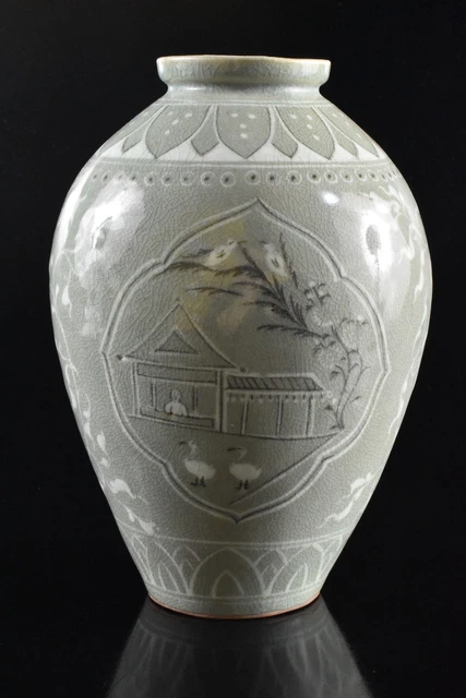 M465: Korean Goryeo celadon Person Flower Bird inlay FLOWER VASE Ikebana