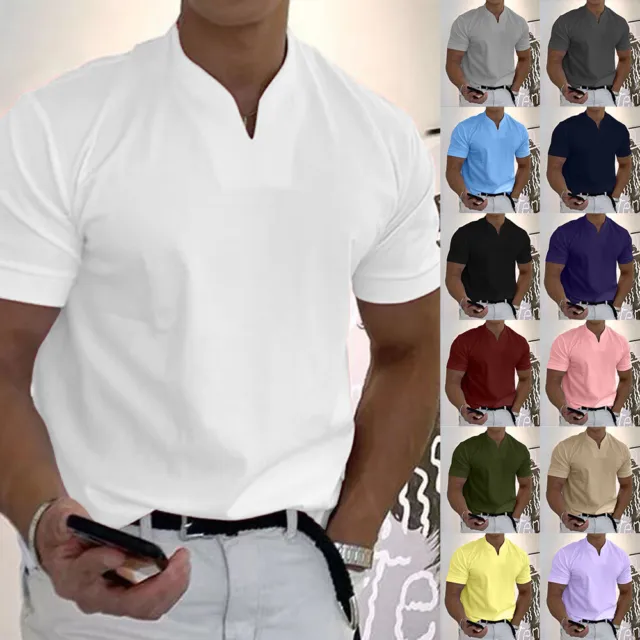 Mens Solid Casual V Neck Short Sleeve T-shirts Slim Fit Muscle Blouse Tops OL US