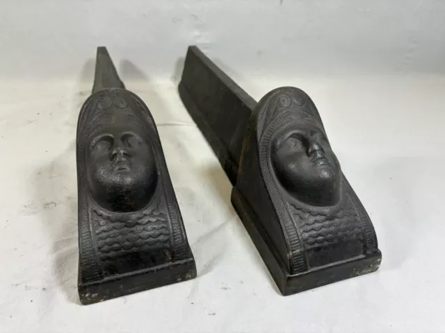 Pair Old Andirons Fireplace Tete De Woman Cast-Iron - Black