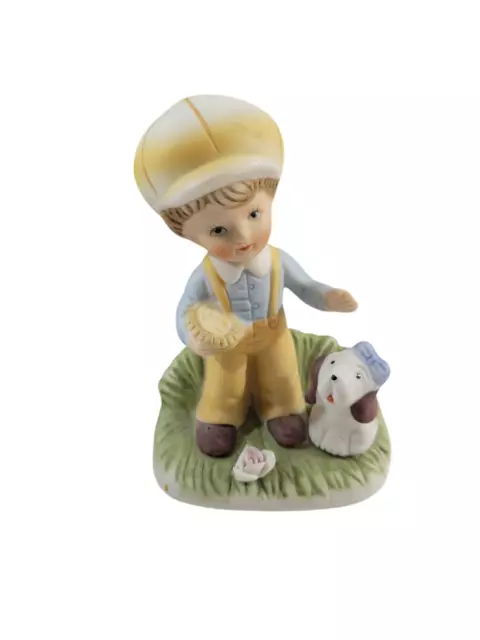 Homco Figurine #1430 Boy Holding Basket w/Dog Yellow Hat Bisque Porcelain 2