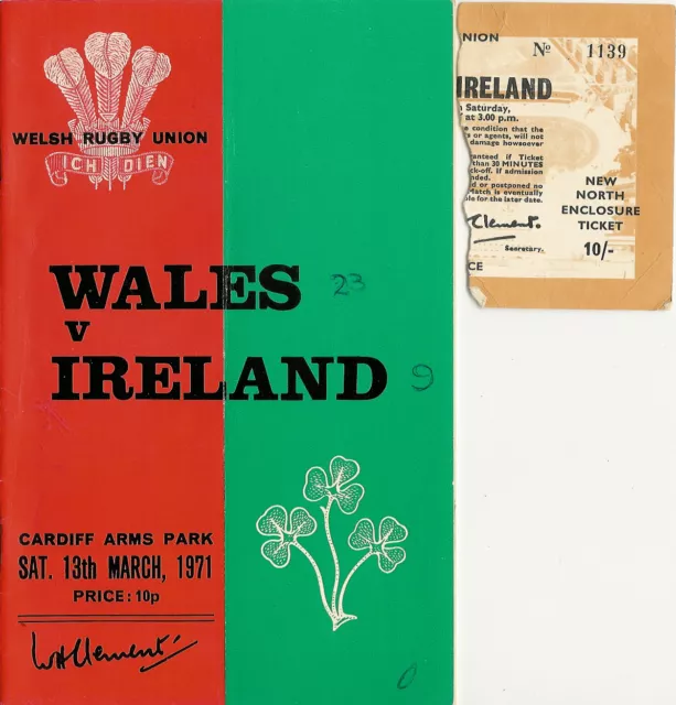 WALES v IRELAND 1971 RUGBY PROGRAMME & TICKET 13 Mar at CARDIFF GRAND SLAM WALES