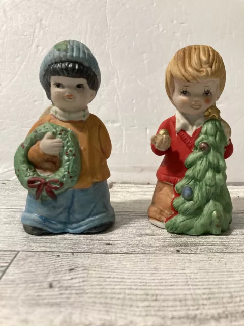 Christmas Bells Girl and Boy House Of Lloyd Porcelain Set of 2 Vintage