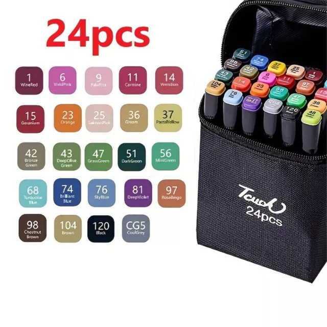 24 Twin Both Side Marker Pens Set Colors Dual Tip Artist Sketch Water Drawing UK