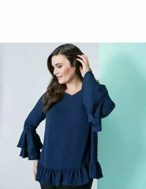 Nvee Navy Crepe Double Frill Sleeve Blouse Top Size Small UK 8-10 BNWT