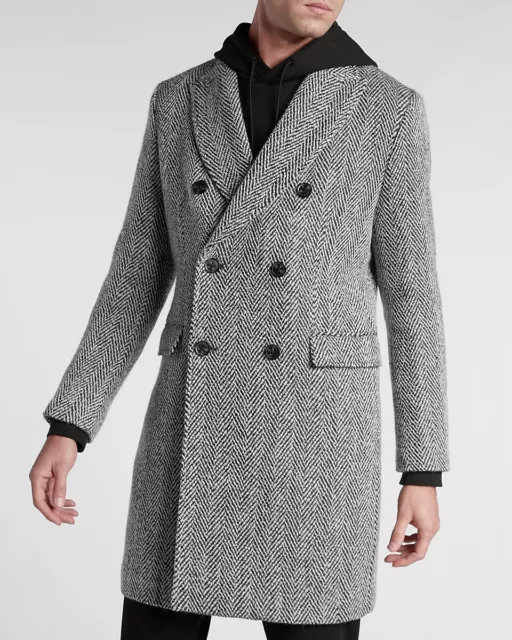 New Express $328 Black White Wool Blend Herringbone Topcoat Coat Sz Xl