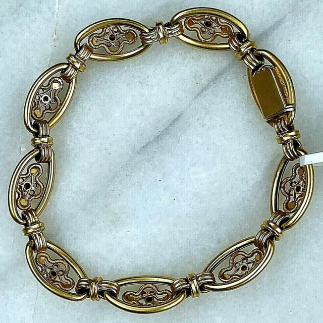 18K Yellow Gold Ruby Filigree Scrolls Oval Link Bracelet 7.5" Victorian Revival 3