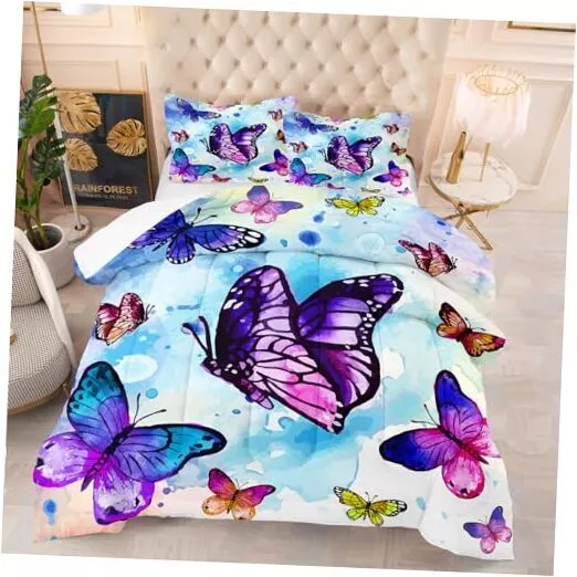 Juego de cama de mariposa púrpura, juegos de edredón para mariposa doble 5054