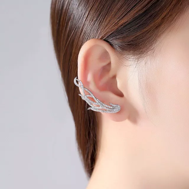 Women Feather Shape Earring Clear CZ Crystal Earrings Ear Jacket Dangle 1Pairs