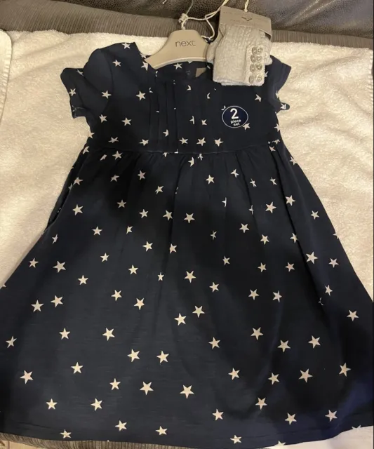 BNWT Next Girls Navy Dress with white stars with footless tights age 3-4 years