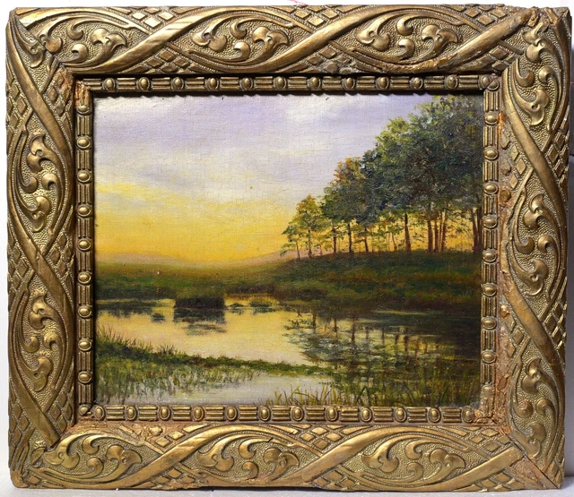 Sunset Landscape with Art Nouveau Frame, 19th Century Oil Painting