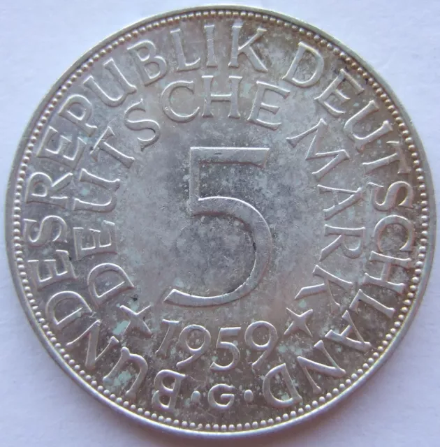 Münze Bundesrepublik Deutschland Silberadler 5 DM 1959 G in Vorzüglich