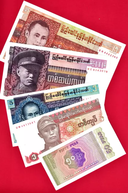 BURMA MYANMAR 5 UNC NOTES: 0.5/P-65,  1/P-56, 5/P-57, 10/P-58 & 25 KYATS Pick-59