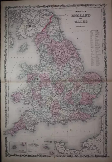 1863 Johnson's Atlas Map ~ ENGLAND - WALES ~ (XL18x28) ~Free S&H #768