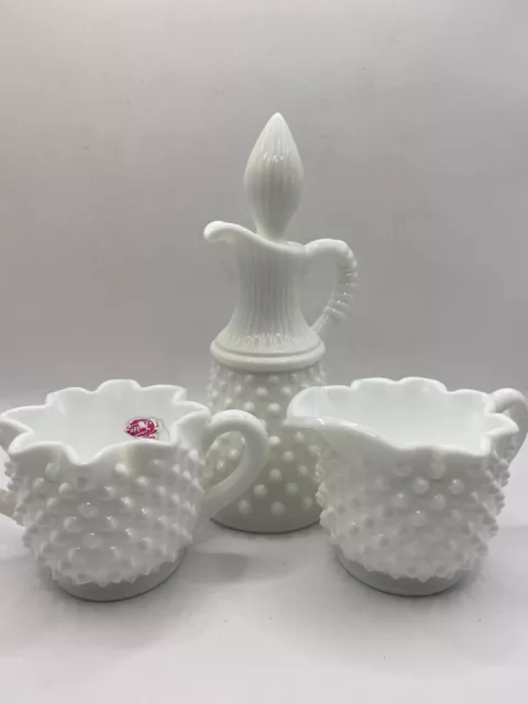 Vintage Fenton Hobnail Sugar Bowl Creamer & Cruet