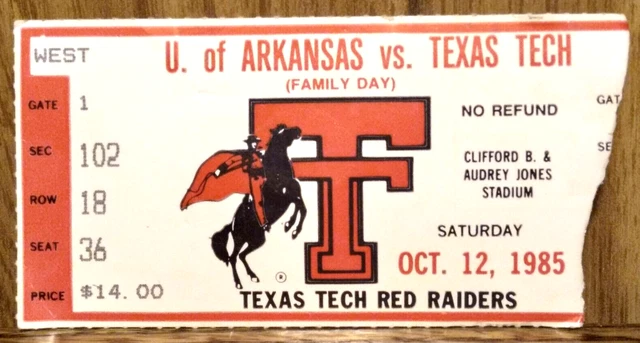 Texas Tech Red Raiders Football vs. Arkansas Razorbacks 10-12-1985 Ticket Stub
