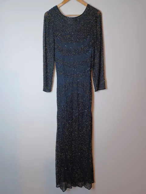 Frank Usher Silk Embellished Long Sleeve Evening Maxi Dress - Black - UK 14