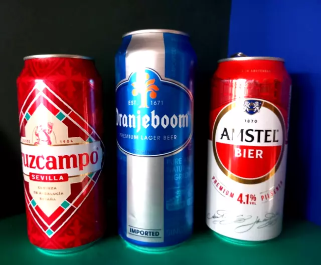 x 3 EMPTY BEER 440/500ml CANS CRUZCAMPO SPAIN, ORANJEBOOM & AMSTEL NETHERLANDS