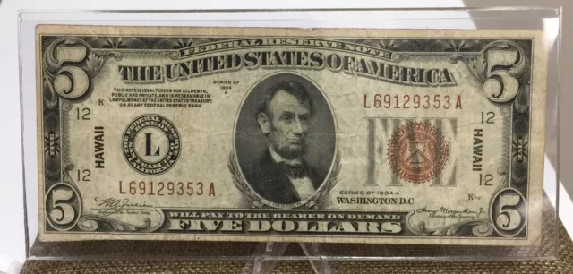 1934 A $5 Hawaii Emergency Note Brown Seal