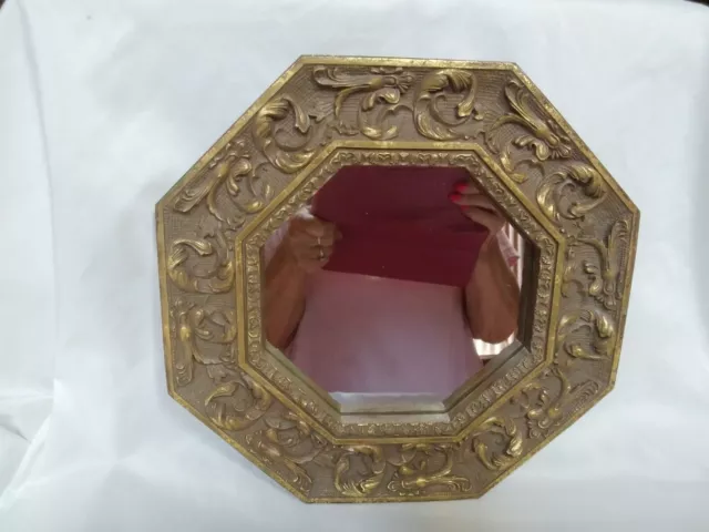 Antique 10" Octagon Wood Mirror With Embossed Brass Overlay