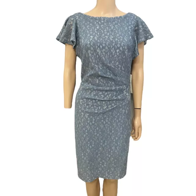 Eliza J Womens Lace Cocktail Sheath Dress Flutter Sleeve Ruched Blue Size 10