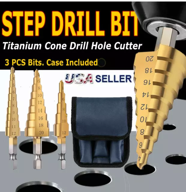 3Pcs Drill Bit Set Titanium HSS Steel Cone Step Quick Change 1/4" Shank Hole Cut