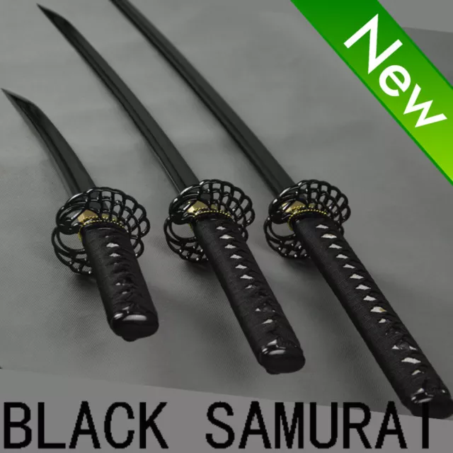 Hand Forged Fully Black Japanese Katana Set T1095 Steel Japanese Samurai SWORD