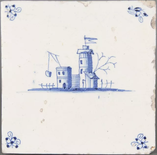 Nice Dutch Delft Blue tile, castle, late 17th century.