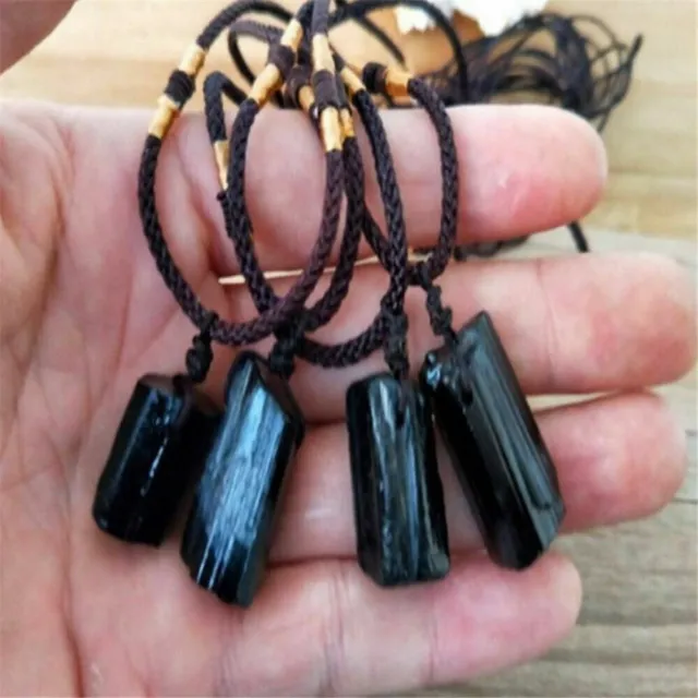 Unisex Black Natural Tourmaline Stone Pendant Necklace Crystal Gem Aromatherapy