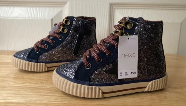 NEW NEXT Girls Navy Shimmer High Top Trainers Size 5.5 (Eur 22)