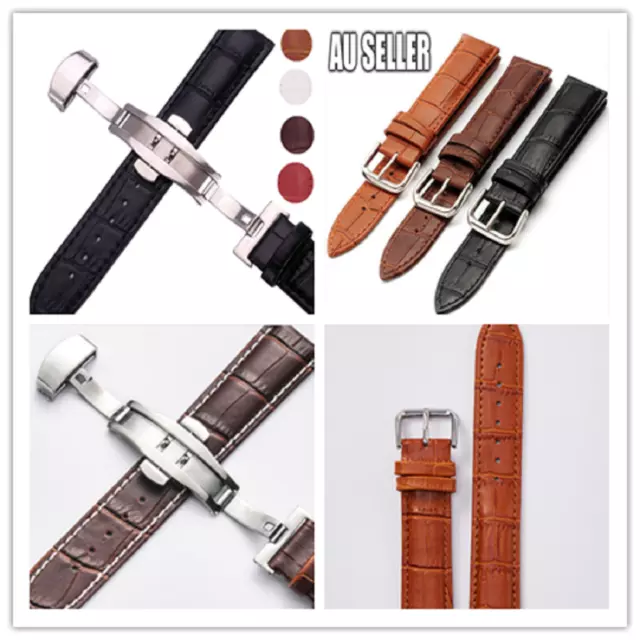 Men Genuine Leather Watch Band Alligator Grain Black Brown Clips/Buckle 2 styles