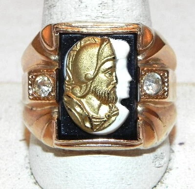 Vintage Roman Soldier Cameo Men's Ring Gold Tone Sz 11.5 Clear Rhinestones Vintage Roman Soldier Cameo Men's Ring Gold Tone Sz 11.5 Clear Rhinestones
