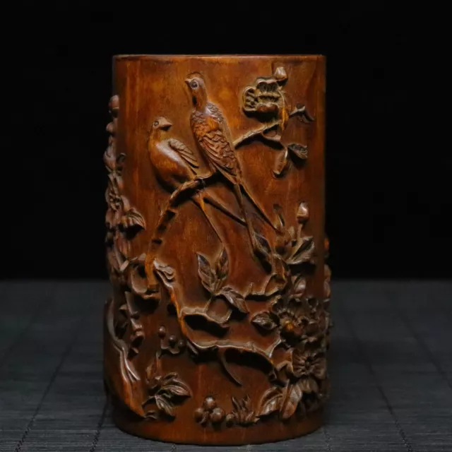 Chinese Natural Boxwood Hand-carved Exquisite Flowers and Birds Brush Pot 95110