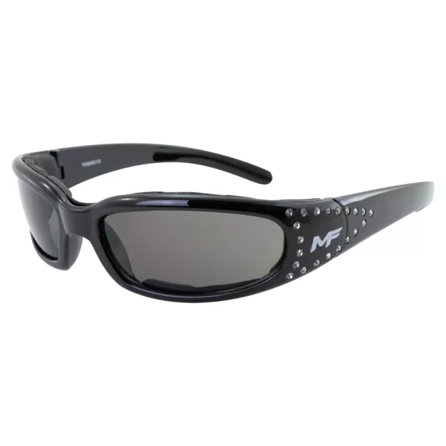 Womens Foam Padded Motorcycle Riding Sunglasses 42 Rhinestones Smoked Lens