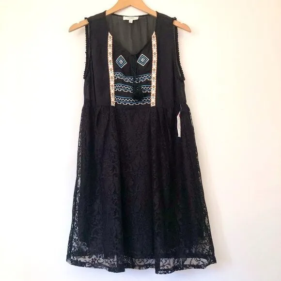 NEW NWT UMGEE Black Embroidered Floral Lace Sleeveless Fit Flare Dress Small S