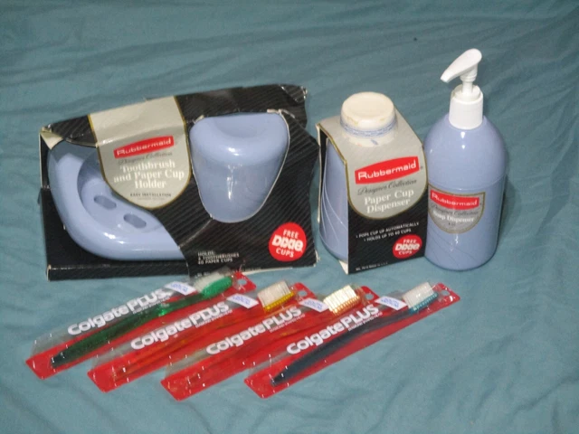 Vintage NOS Rubbermaid Bathroom Set BLUE Soap Dispenser Toothbrush Cup Holder +