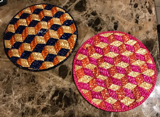 Pr. Rnd Chevron Geometric Woven Raffia Straw Grass 7" Hot Pad Trivets Décor