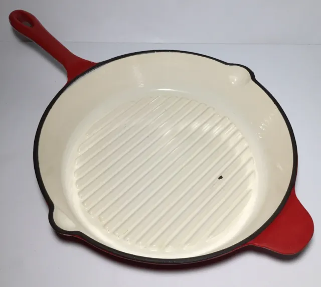 Vintage Red Enameled Ribbed 12” Heavy Cast Iron  Double Spouted Skillet