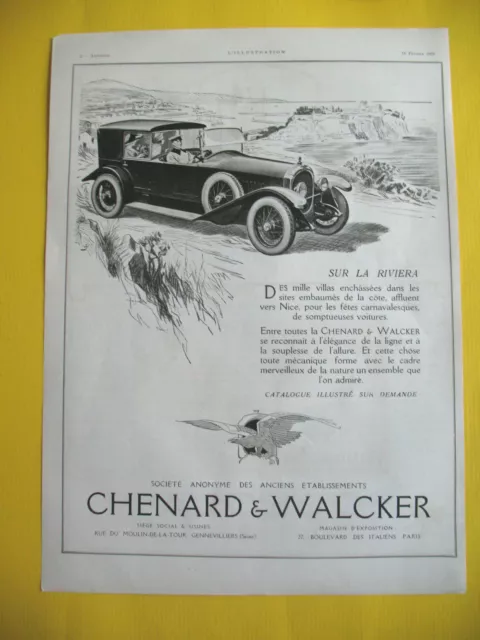 Chenard & Walker Elegant Car Press Advertisement On The Riviera Ad 1923