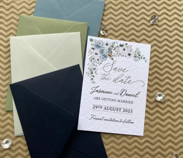 10 Luxury SAVE the DATE dusty blue white flowers Eucalyptus WEDDING invite cards