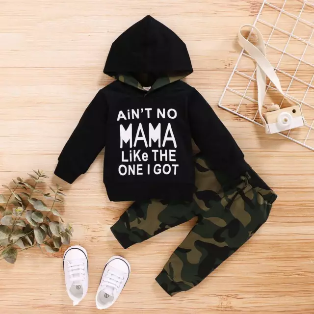 2PCS Newborn Baby Kids Boys Hooded Tops Camo Pants Outfits Tracksuit Clothes Set