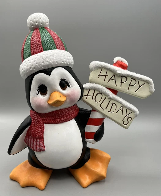 Decoration Christmas Penguins Sign Happy Holidays Ceramic Hand Painted Vintage